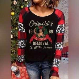 Womens Christmas Plaid & Leopard Print Squirrel Removal Long Sleeve T-Shirt